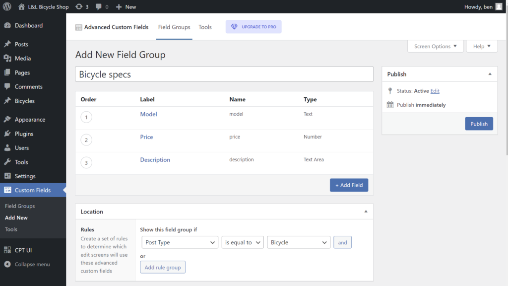 Custom field creation interface